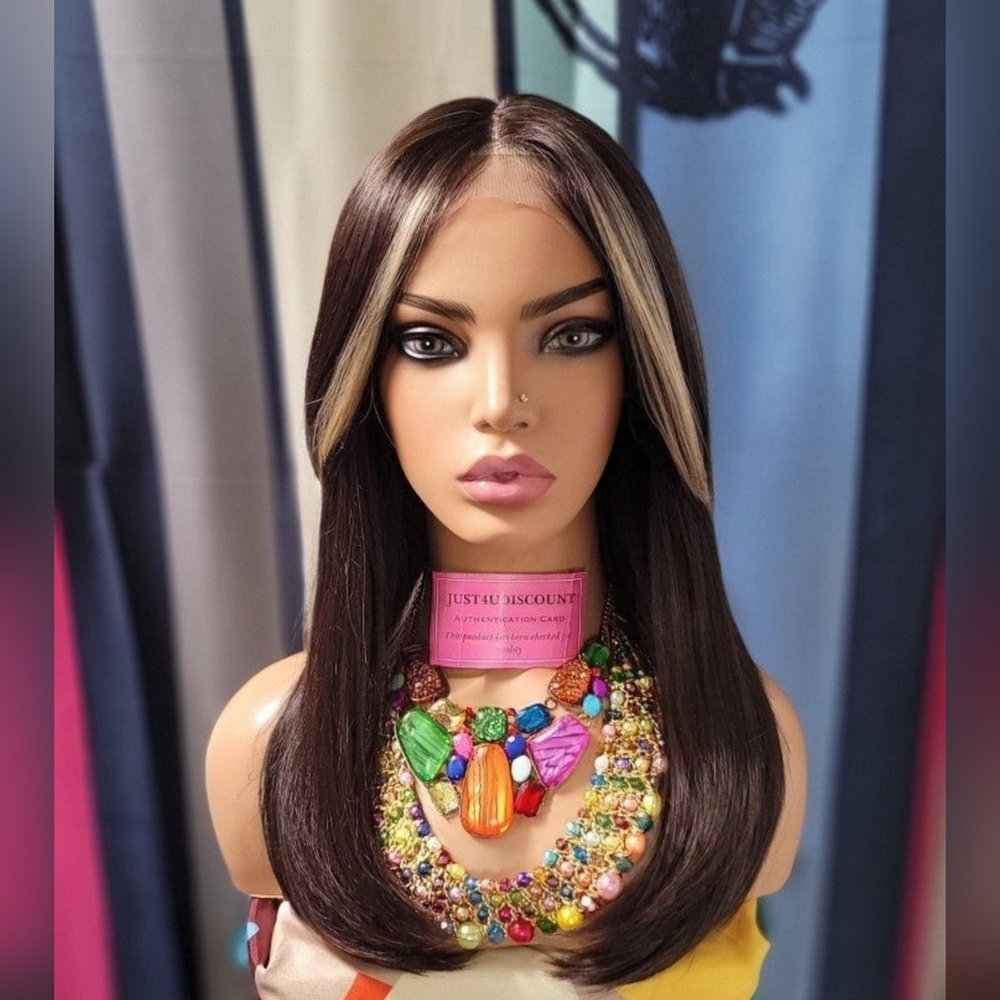 brown human blended straight lace wig with blonde highlights h.d lace